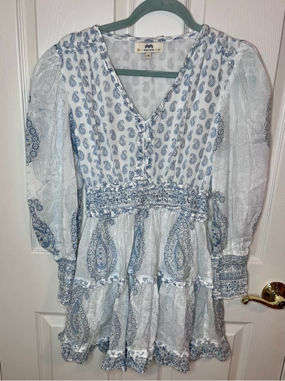 NIBI MTK Paisley Mini Dress Blue White Boho Tiered Ruffle V Neck  Small